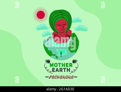 Mother earth pachamama celebration concept design, Pachamama hugs herself and half of her is a half earth with mountains and whales isolated on greeni Stock Vector