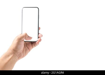 Man hand using smartphone with blank screen, isolated on white background Stock Photo