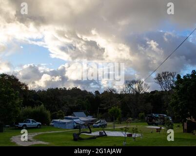 Harkerville, South Africa - caravan camping on the Garden Route is a popular family holiday Stock Photo