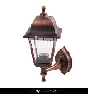 Copper wall lamp isolated on white background. Copper street lamp. Stock Photo