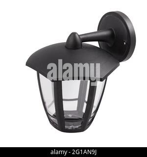 Black plastic wall lamp isolated on white background. Black street lamp. Stock Photo
