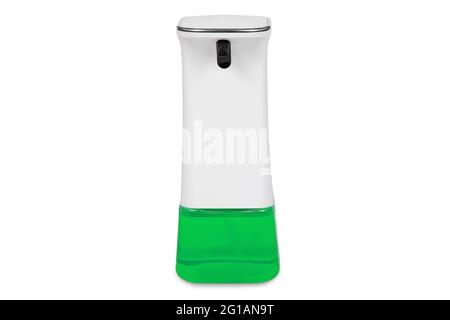 Touch dispenser with green liquid soap isolated on white background. Stock Photo