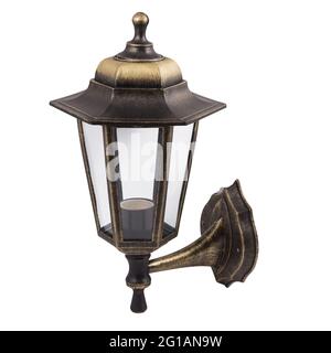 Bronze garden wall lantern isolated on white background. Bronze-colored street lantern. Stock Photo