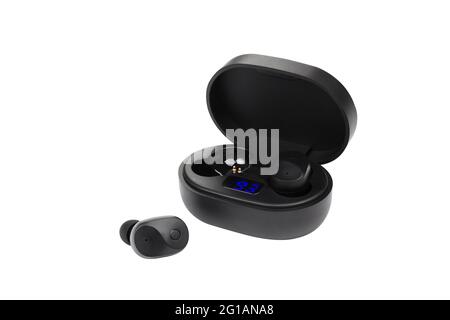 Black earpieces isolated on white background. Modern black wireless earbuds headphones Stock Photo