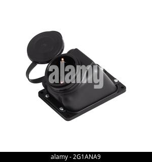 High protection class black electric socket. Socket with protection class IP44 isolated on white background. Stock Photo