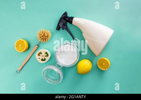 Flat lay composition with natural items for kitchen and home cleaning. Stock Photo