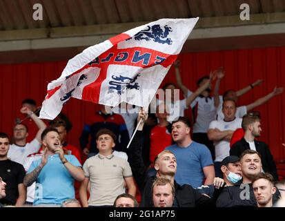 Middlesbrough, England, 6th June 2021. England fans fly the flag during the International Friendly match at the Riverside Stadium, Middlesbrough. Picture credit should read: Darren Staples / Sportimage Stock Photo