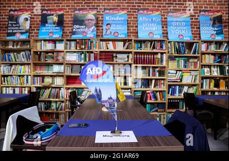 Magdeburg, Germany. 06th June, 2021. Election posters and a small flag are seen before the start of an election party of the AfD. Credit: Jan Woitas/dpa/Alamy Live News Stock Photo