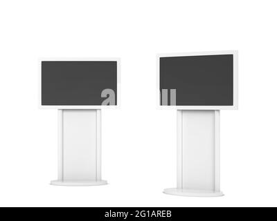 Blank stand with plasma mockup. 3d illustration isolated on white background. Interactive display, information kiosk Stock Photo