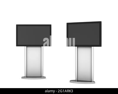 Blank stand with plasma mockup. 3d illustration isolated on white background. Interactive display, information kiosk Stock Photo