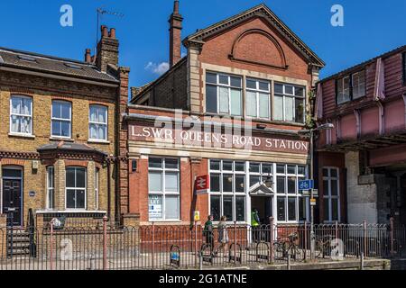 Queenstown Road station, a Victorian era railway station in Battersea, opened in 1877, the entrance still has the original name of Queens Road, London Stock Photo