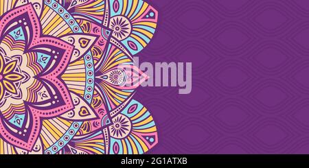 Horizontal mandala banner. Decorative flower mandala background with place for text. Color mandala on purple background. Arabic Islamic style. Pink. Stock Vector