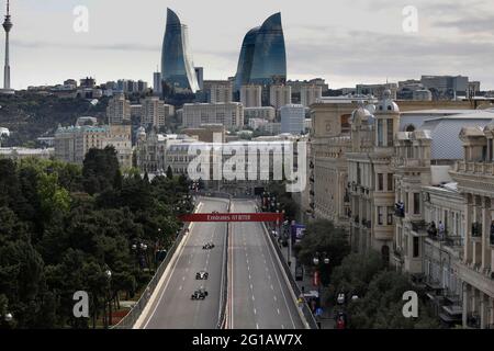 Baku, Azerbaijan. 6th June, 2021. General view, # 44 Lewis Hamilton (GBR, Mercedes-AMG Petronas F1 Team), # 9 Nikita Mazepin (RUS, Haas F1 Team), F1 Grand Prix of Azerbaijan at Baku City Circuit on June 6, 2021 in Baku, Azerbaijan. (Photo by HOCH ZWEI) Credit: dpa/Alamy Live News Stock Photo