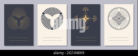 Set of flyers, posters, placards, brochure design templates A6 size with geometric icons. Sacred, esoteric geometry symbols. Striped shapes. Vertical Stock Vector