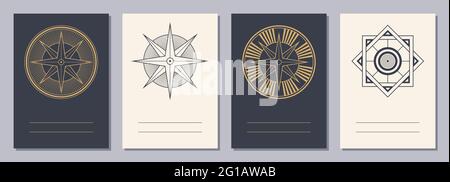 Set of flyers, posters, placards, brochure design templates A6 size with geometric icons. Compass logo. Mystic mandala. Sacred geometry. Vertical. Stock Vector