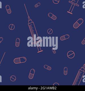 Vector seamless pattern with red outline pills, tablets, capsules, medical syringes, isolated on dark blue background. Linear style. Medical. Stock Vector