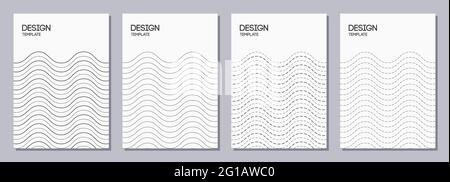 Set of flyers, posters, banners, placards, brochure design templates A6 size. Graphic design templates with dotted wavy lines, smooth wavy stripes. Stock Vector