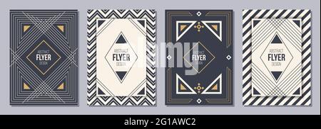 Set of flyer, posters, banners, placards, brochure design templates A6 size in Art Deco style. Graphic design templates for logo, labels and badges. Stock Vector