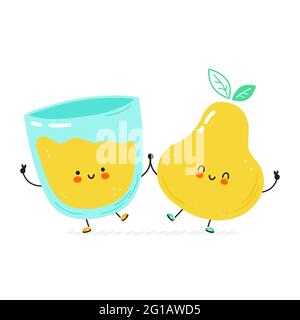 Cute happy pear and juice glass. Isolated on white background. Vector cartoon character hand drawn style illustration. Pear juice cartoon character concept Stock Vector
