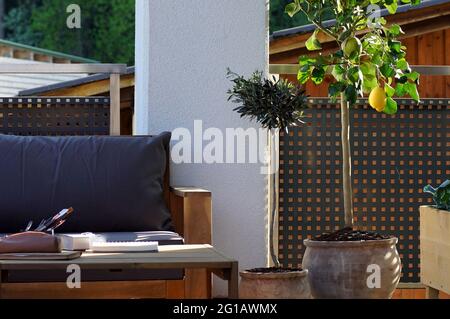 view of a mediterranean outdoor sitting area on a terrace Stock Photo