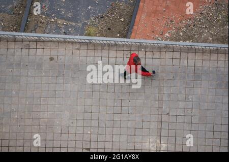 Aerial view of a person walking through the streets of the city of Alicante, in the Valencian Community, Spain. landscape Stock Photo