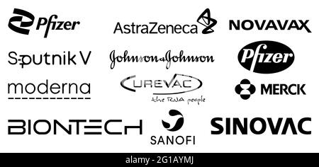 Vinnytsia, Ukraine - May 31, 2021: Set of pharmaceutical companies icons. Pfizer, AstraZeneca, Novavax, Sputnik, Johnson Johnson, Moderna and others. Stock Vector