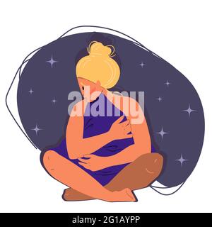 Sleepless girl sitting on the floor and hugging pillow. Woman suffers from insomnia. Flat vector illustration in cartoon style. Stock Vector