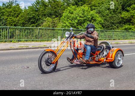 2017 Vw Volkswagen Tricycle, 1192cc orange motorcycle, Q287GBJ, Classic bikes, cherished veteran motorcycle, restored old timer, collectible motors, vintage heritage, old preserved,  restored transport driving in the UK Stock Photo