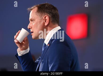 Magdeburg, Germany. 06th June, 2021. Tino Chrupalla, federal spokesman for the AfD, stands in the mess hall. Credit: Robert Michael/dpa/Alamy Live News Stock Photo