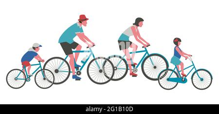 Dad, Mom, kids ride bicycle flat color vector icon Stock Vector