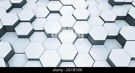 Modern hexagonal background texture pattern. Honeycombs at different level. 3d rendering illustration. Futuristic banner. Stock Photo