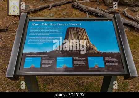 Interpretive sign discussing theories of tower formation, along Tower Trail in Devils Tower National Monument, Wyoming, USA {No artist release; availa Stock Photo