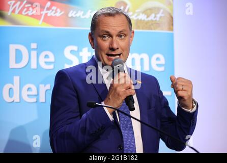 Magdeburg, Germany. 06th June, 2021. Tino Chrupalla, federal spokesman for the AfD, speaks at an election party for the party. Credit: Jan Woitas/dpa/Alamy Live News Stock Photo