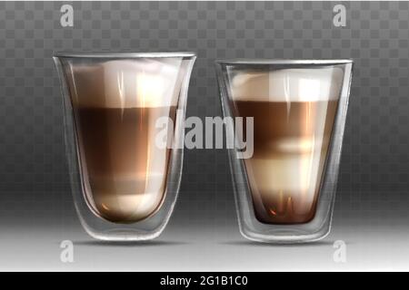 Glossy glass cups with double wall full of hot coffee drink. Realistic cappuccino or latte with milk and foam isolated on transparent background. Template for advertising, branding or product design. Stock Vector