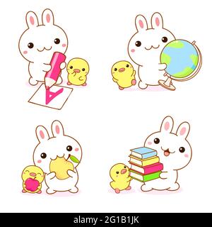 Back to school. Set of kawaii bunny and duckling. Cute little duck and rabbit friends with a globe, books, write a letter, eat apples. Vector illustra Stock Vector