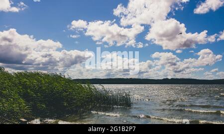 View of the beautiful Zarnowitzer See in Poland on a warm summer day with thick clouds. Melancholy Mood Loch Ness Panorama Poster on the Horizon. Stock Photo