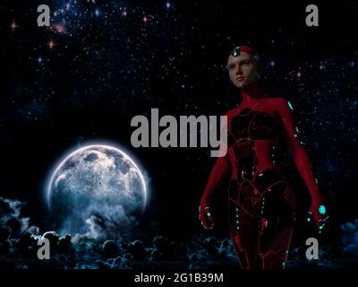 Cyborg with the face of a real young woman under the moonlight. Conceptual of futuristic bionics and artificial intelligence. 3d rendering Stock Photo
