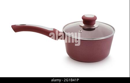 New closed  red metal pot with handle isolated on white. Stock Photo