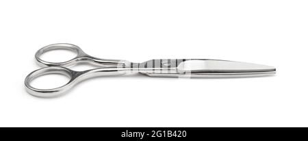 Metal scissors isolated on white. Side view. Stock Photo
