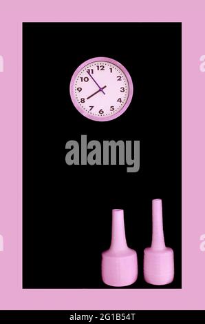 Pastel Pink Clock and Vases on Black Decorating Space Stock Photo