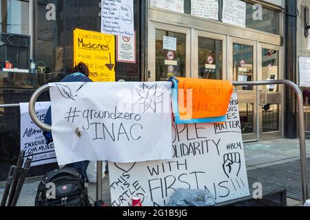 TORONTO, CANADA-APRIL 17,2016: Idle No More, Black Lives Matter protesters occupy the Toronto office Occupation of Indigenous and Northern Affairs of t Stock Photo