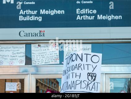 TORONTO, CANADA-APRIL 17,2016: Idle No More, Black Lives Matter protesters occupy the Toronto office Occupation of Indigenous and Northern Affairs of t Stock Photo