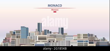 Monaco cityscape on sunset sky background vector illustration with country and city name and with flag of Monaco Stock Vector