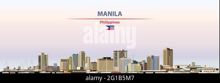 Manila cityscape on sunset sky background vector illustration with country and city name and with flag of Philippines Stock Vector