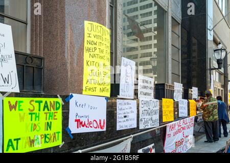 TORONTO, CANADA-APRIL 17,2016: Idle No More, Black Lives Matter protesters occupy the Toronto office Occupation of Indigenous and Northern Affairs of t Stock Photo