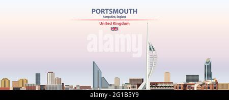 Portsmouth cityscape on sunset sky background vector illustration with country and city name and with flag of United Kingdom Stock Vector