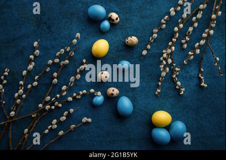 Willow branch and easter eggs on blue background Stock Photo