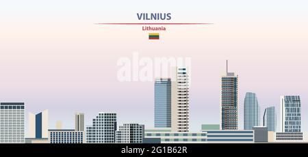 Vilnius cityscape on sunset sky background vector illustration with country and city name and with flag of Lithuania Stock Vector