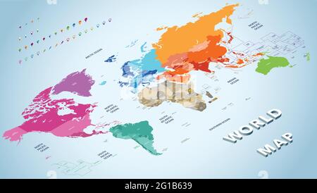Isometric vector world map colored by continents with countries names. Navigation and location icons set Stock Vector