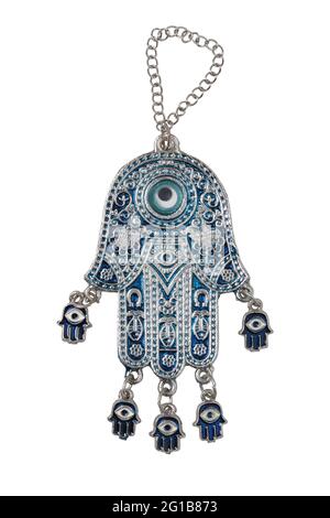 Middle eastern hamsa mascot made of metal on silver chain isolated on white Stock Photo